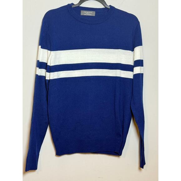 Primark Men's Crewneck Blue Sweater White Stripe Pullover Size Small - Picture 3 of 7
